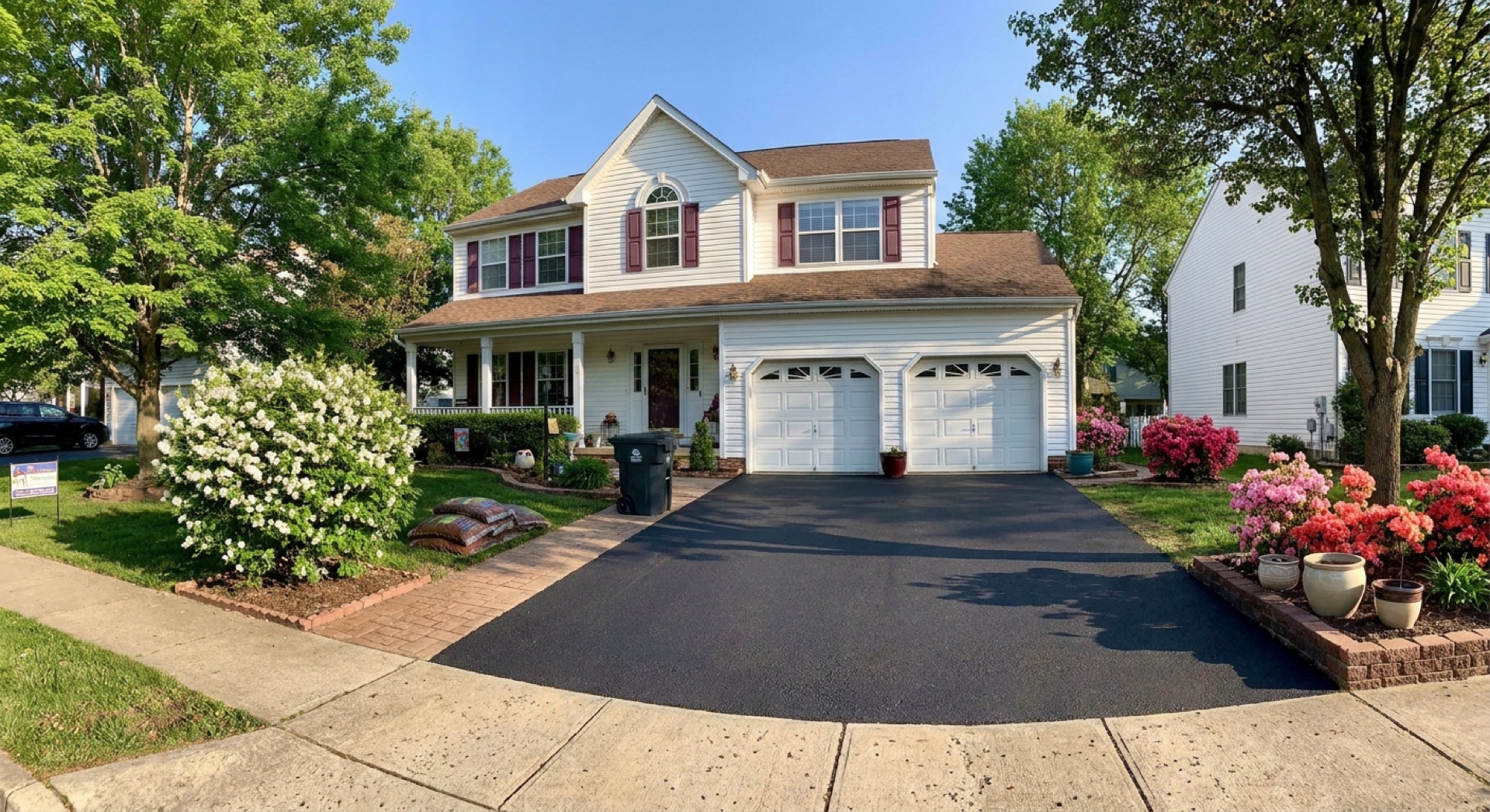 Freshly paved asphalt driveway after installation